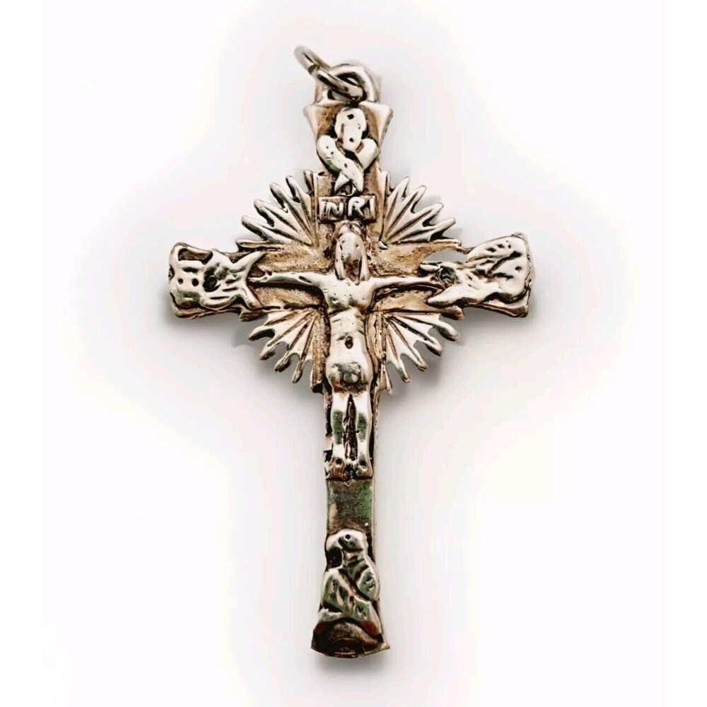925 Sterling Silver Large Vintage Old Crucifix Cross Rays Religious Pendant